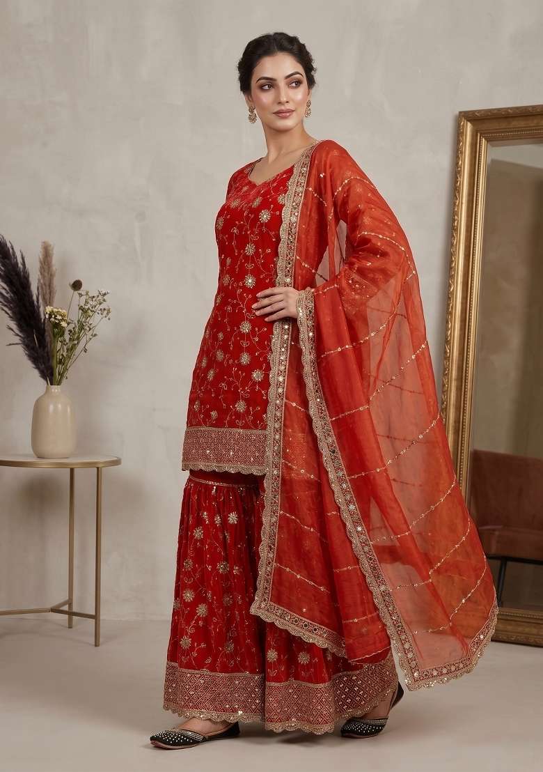Orange Embroidered Silk Sharara Set - Indya