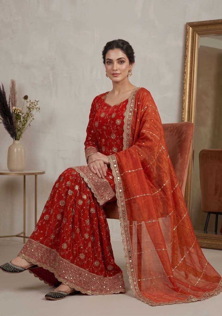 Orange Embroidered Silk Sharara Set - Indya