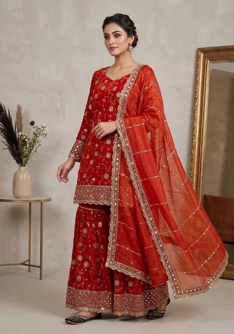 Orange Embroidered Silk Sharara Set