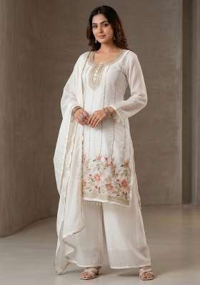 White Embroidered Silk Sharara Set