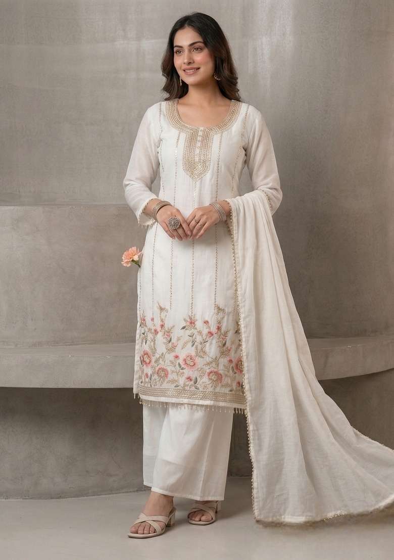 White Embroidered Silk Sharara Set - Indya