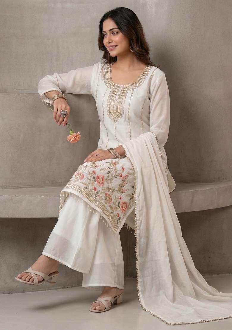 White Embroidered Silk Sharara Set - Indya
