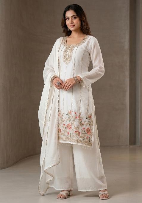 White Embroidered Silk Sharara Set