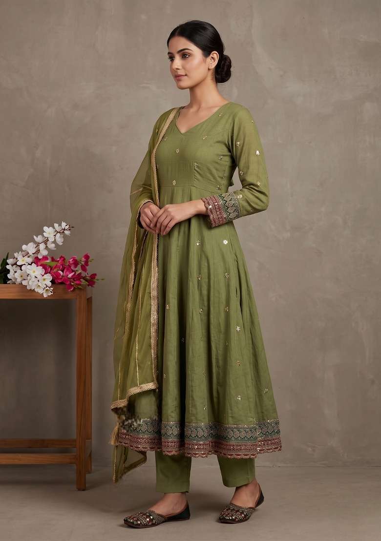 Parrot Green Embroidered Silk Sharara Set - Indya