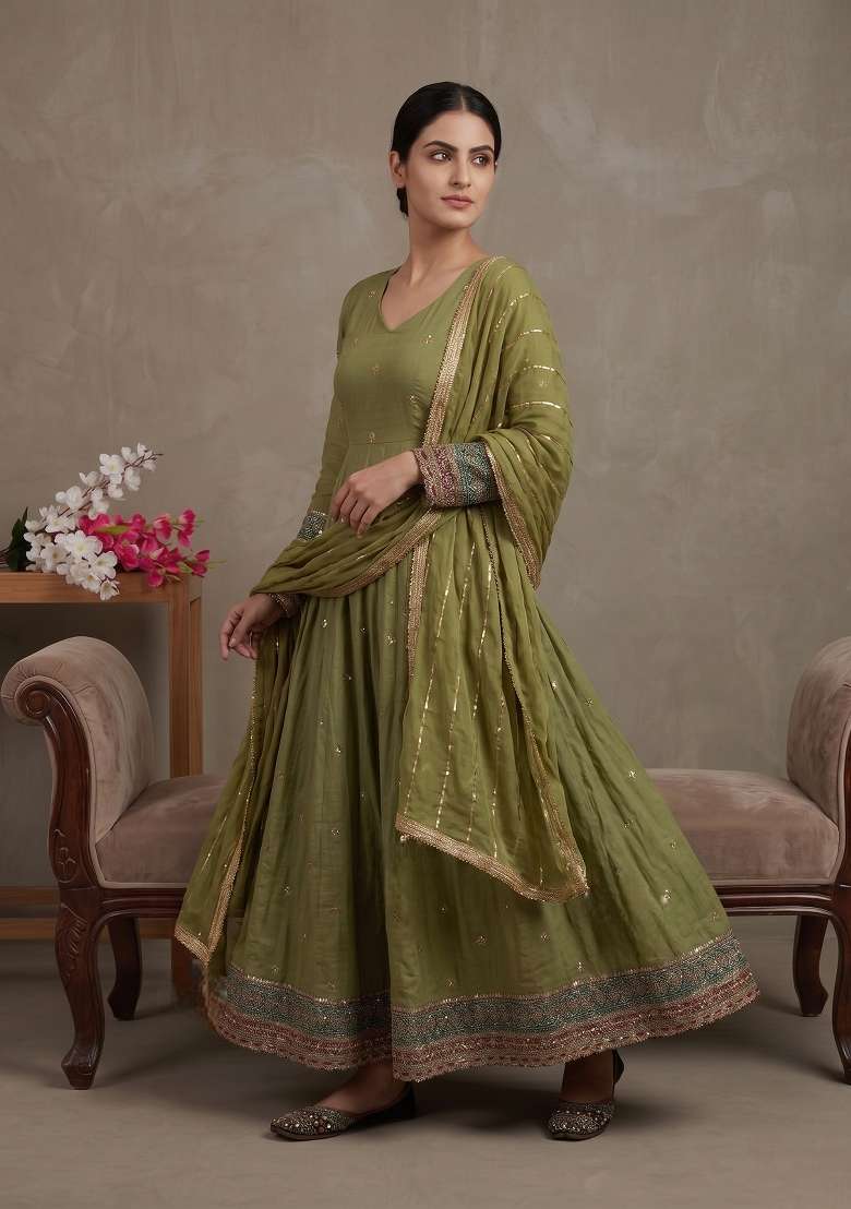 Parrot Green Embroidered Silk Sharara Set - Indya