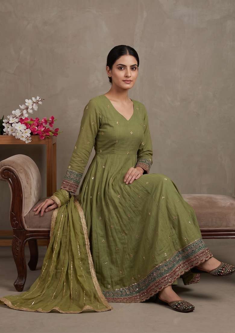 Parrot Green Embroidered Silk Sharara Set - Indya