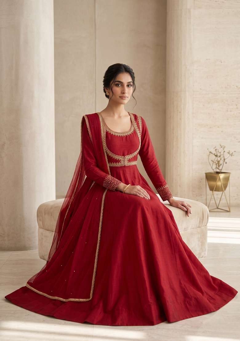 Red Embroidered Cotton Sharara Set - Indya