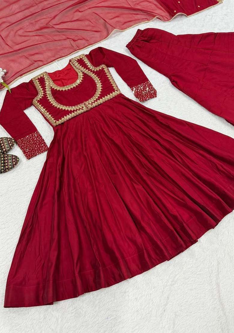 Red Embroidered Cotton Sharara Set - Indya