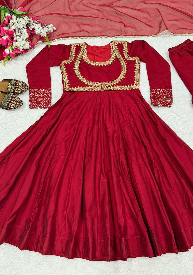 Red Embroidered Cotton Sharara Set - Indya