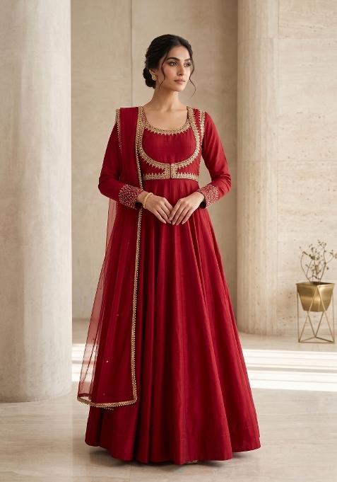 Red Embroidered Cotton Sharara Set