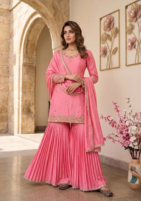 Pink Embroidered Chinon Sharara Set