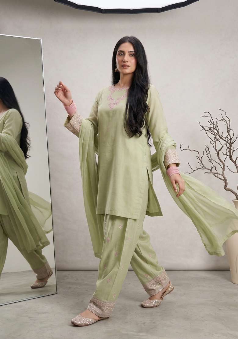 Pista Green Embroidered Silk Sharara Set - Indya