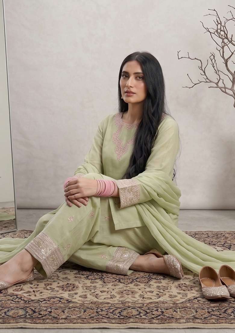 Pista Green Embroidered Silk Sharara Set - Indya