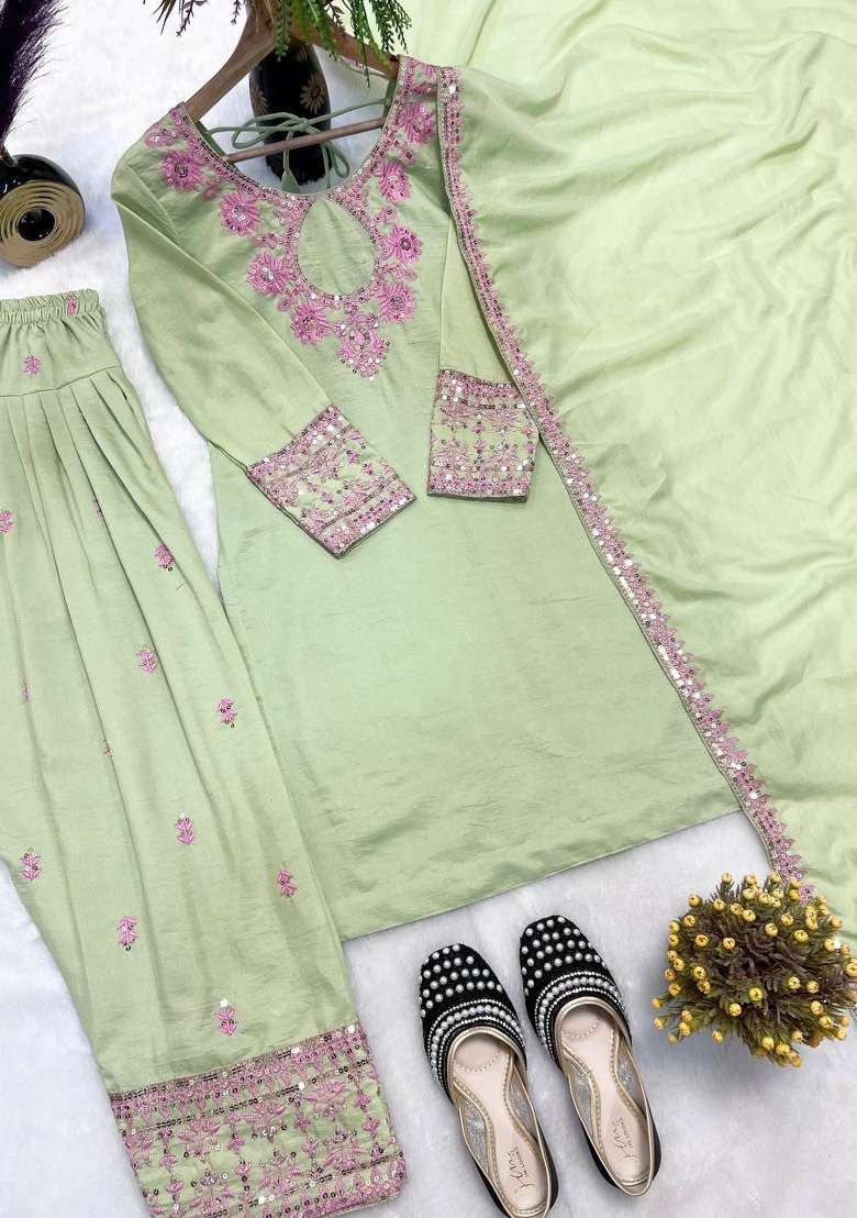 Pista Green Embroidered Silk Sharara Set - Indya