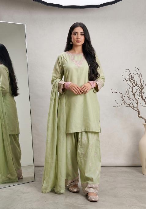 Pista Green Embroidered Silk Sharara Set