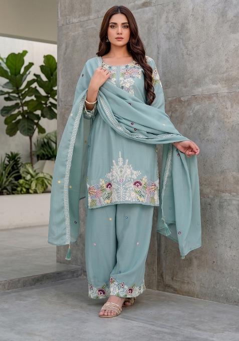 Mint Green Embroidered Chinon Sharara Set
