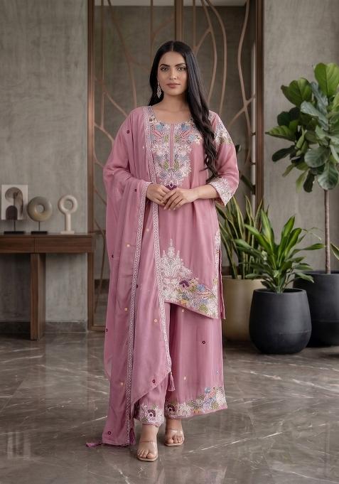 Pink Embroidered Chinon Sharara Set