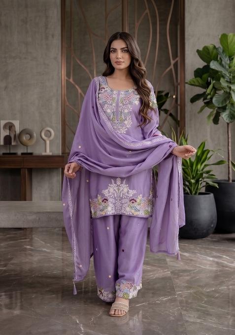 Lavender Embroidered Chinon Sharara Set