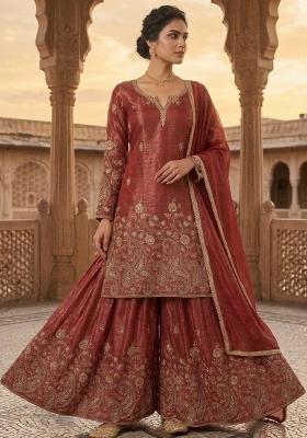 Rust Red Embroidered Silk Sharara Set