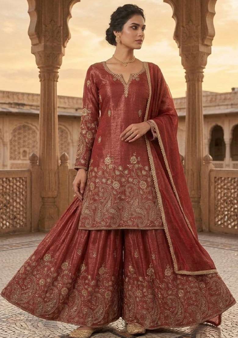 Rust Red Embroidered Silk Sharara Set - Indya
