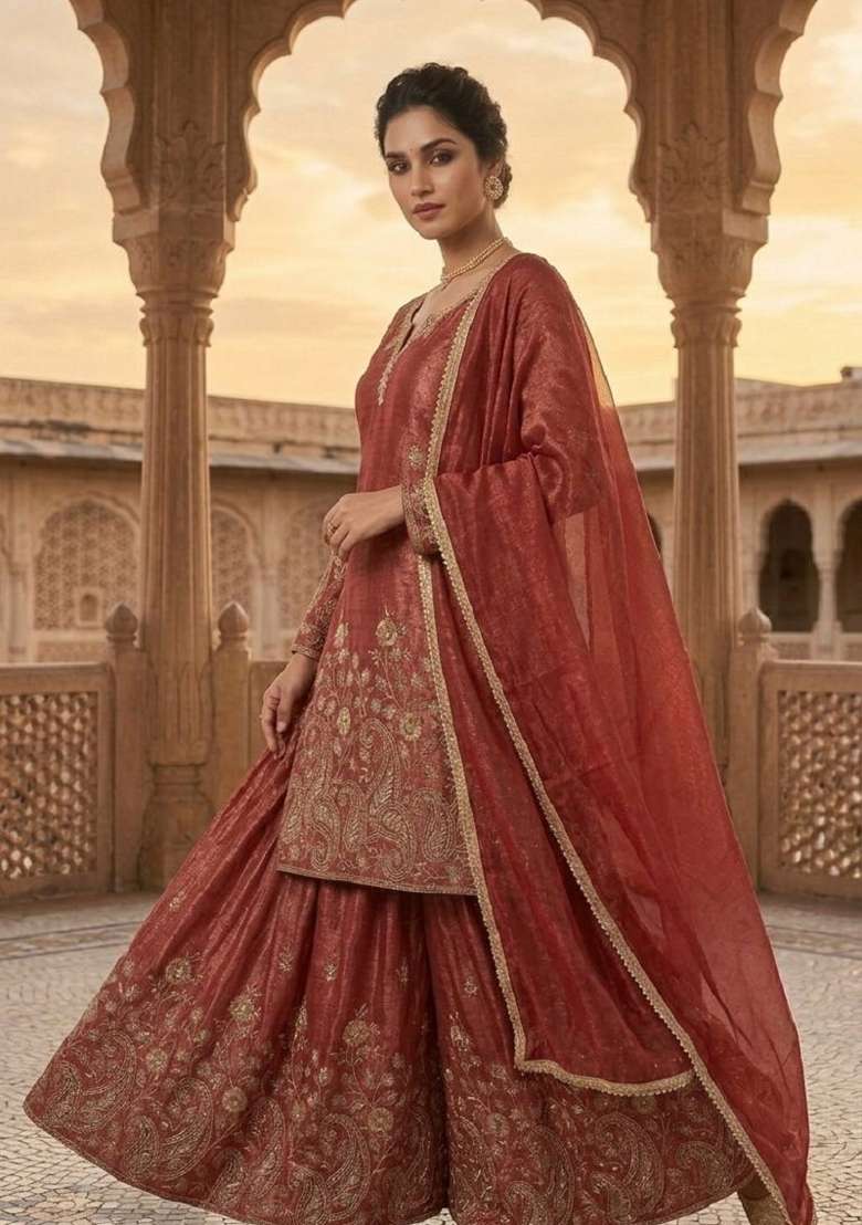 Rust Red Embroidered Silk Sharara Set - Indya