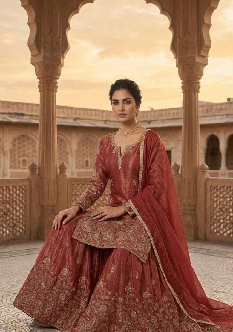 Rust Red Embroidered Silk Sharara Set - Indya