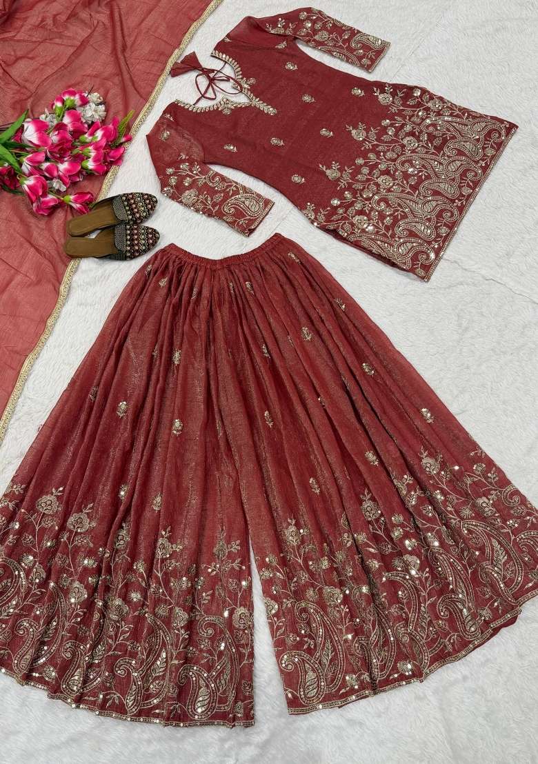 Rust Red Embroidered Silk Sharara Set - Indya