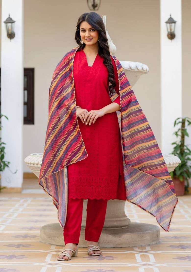 Red Embroidered Silk Sharara Set - Indya