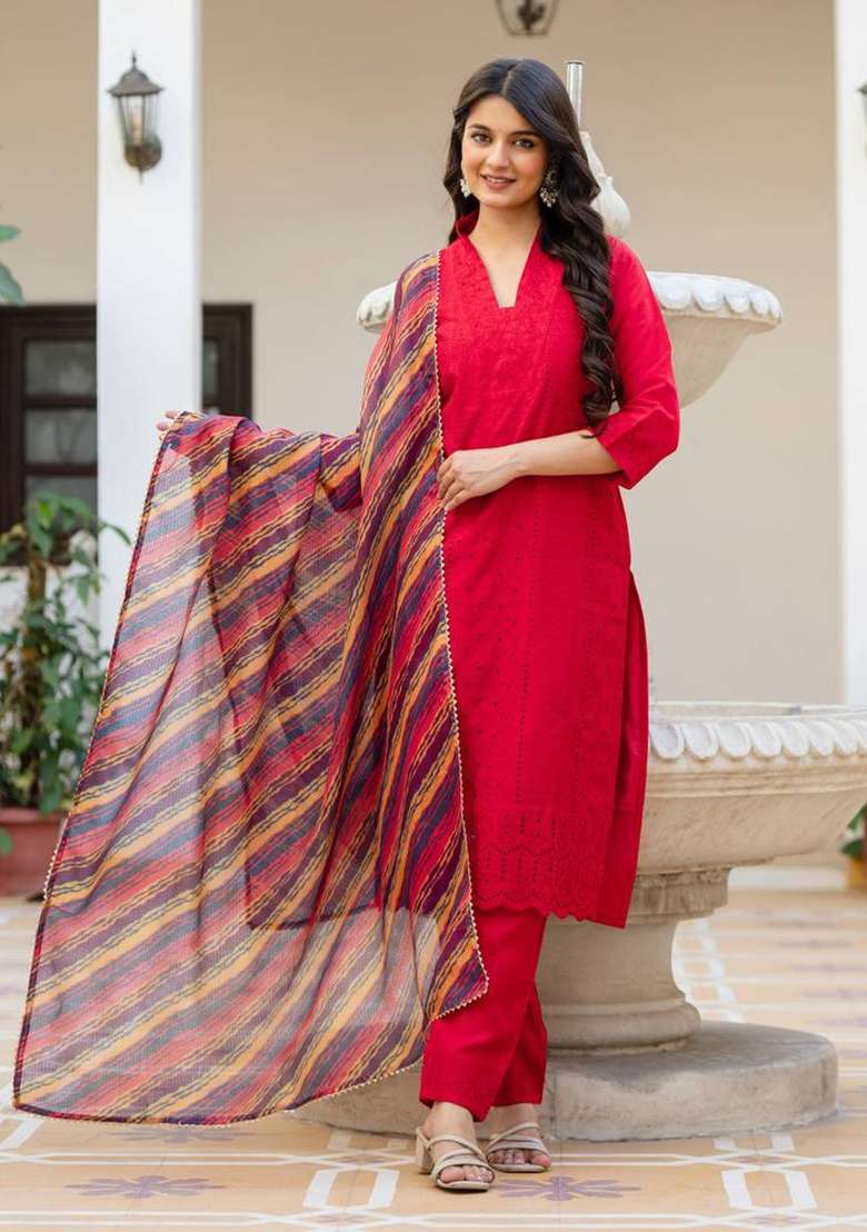 Red Embroidered Silk Sharara Set - Indya