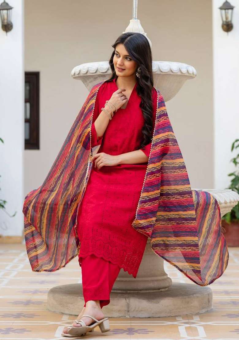 Red Embroidered Silk Sharara Set - Indya