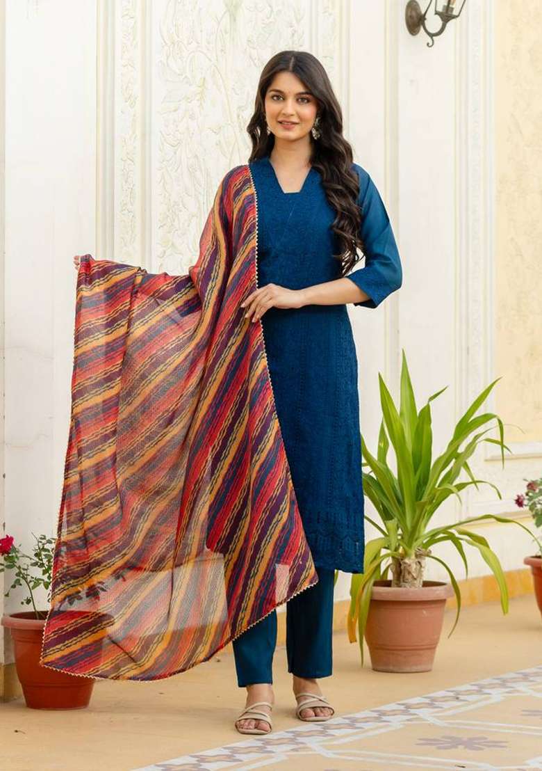 Navy Blue Embroidered Silk Sharara Set - Indya