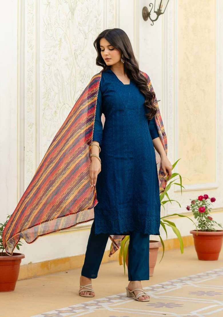 Navy Blue Embroidered Silk Sharara Set - Indya