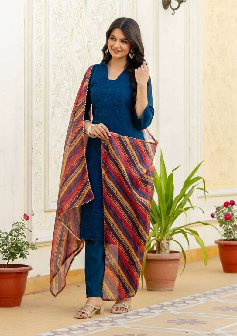 Navy Blue Embroidered Silk Sharara Set - Indya