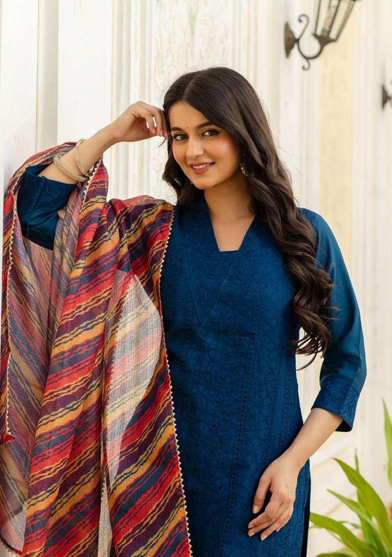 Navy Blue Embroidered Silk Sharara Set - Indya
