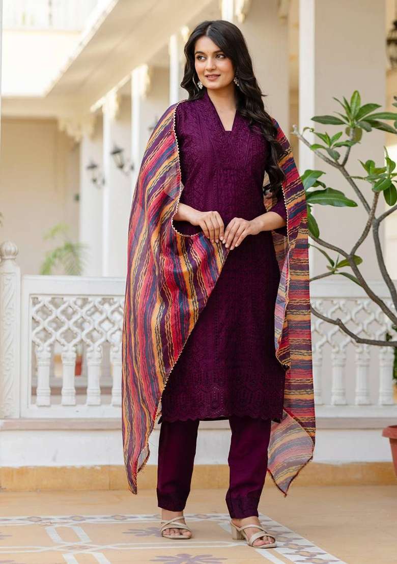 Purple Embroidered Silk Sharara Set - Indya