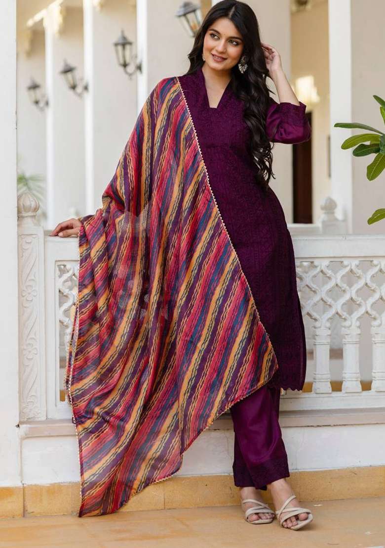 Purple Embroidered Silk Sharara Set - Indya