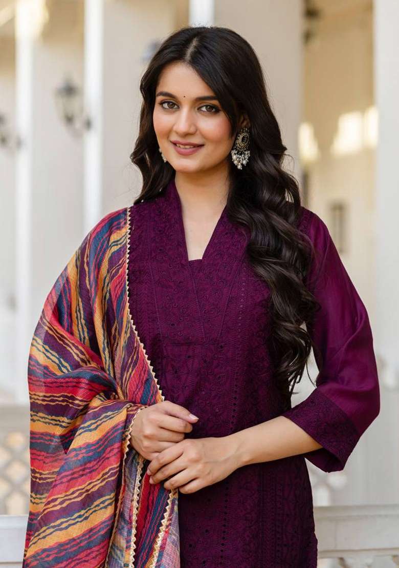 Purple Embroidered Silk Sharara Set - Indya