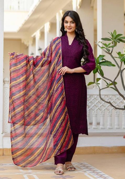 Purple Embroidered Silk Sharara Set