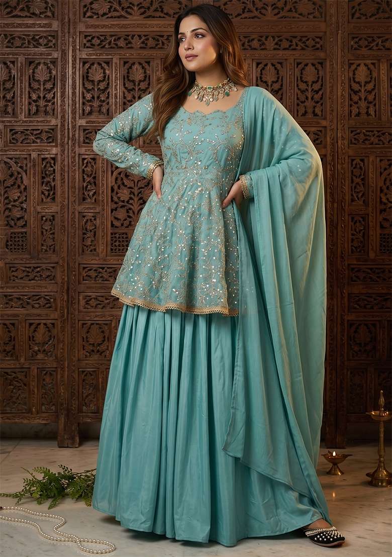 Aqua Blue Embroidered Silk Sharara Set - Indya