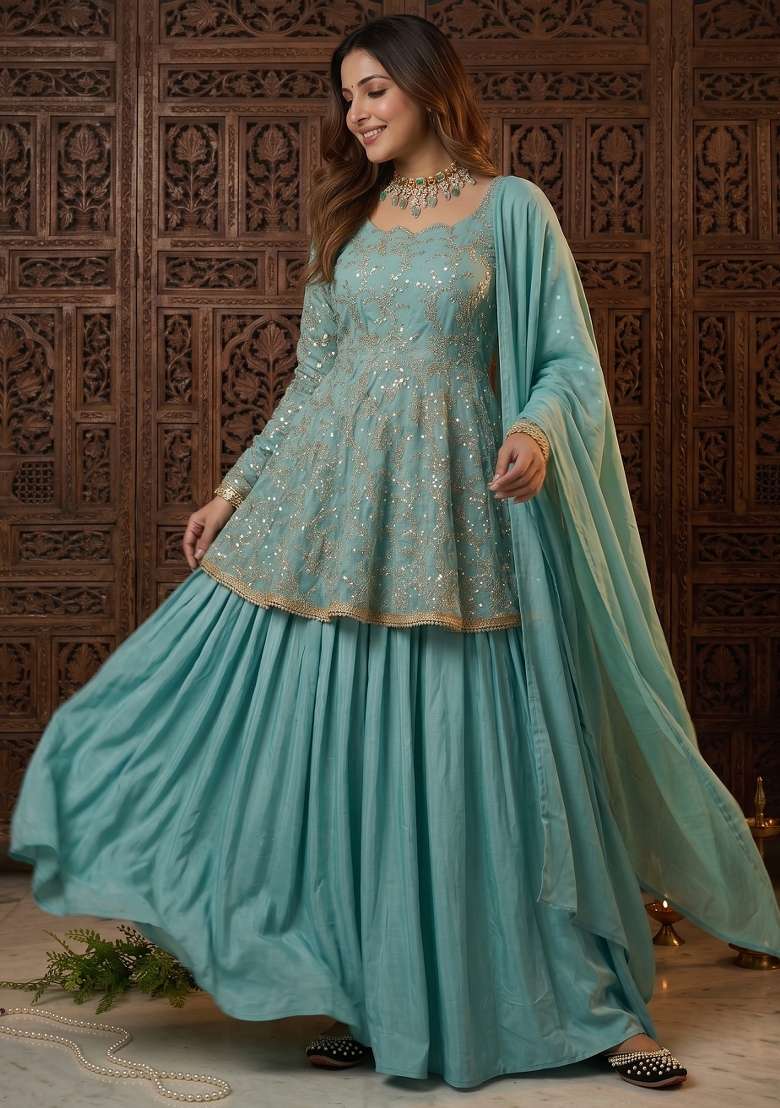 Aqua Blue Embroidered Silk Sharara Set - Indya