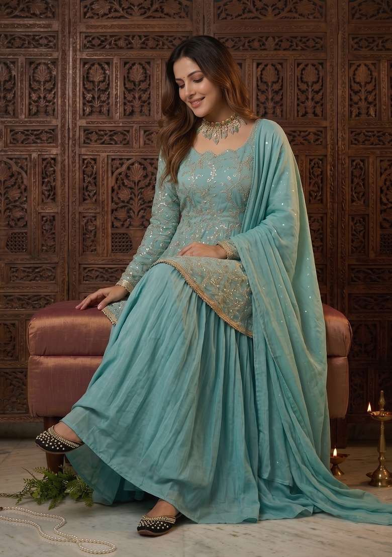 Aqua Blue Embroidered Silk Sharara Set - Indya