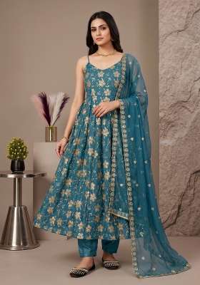 Teal Blue Embroidered Silk Sharara Set