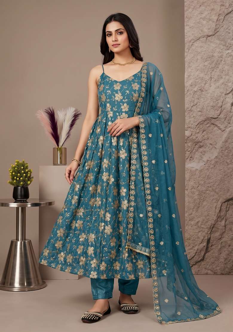 Teal Blue Embroidered Silk Sharara Set - Indya