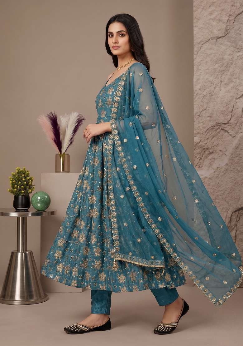 Teal Blue Embroidered Silk Sharara Set - Indya
