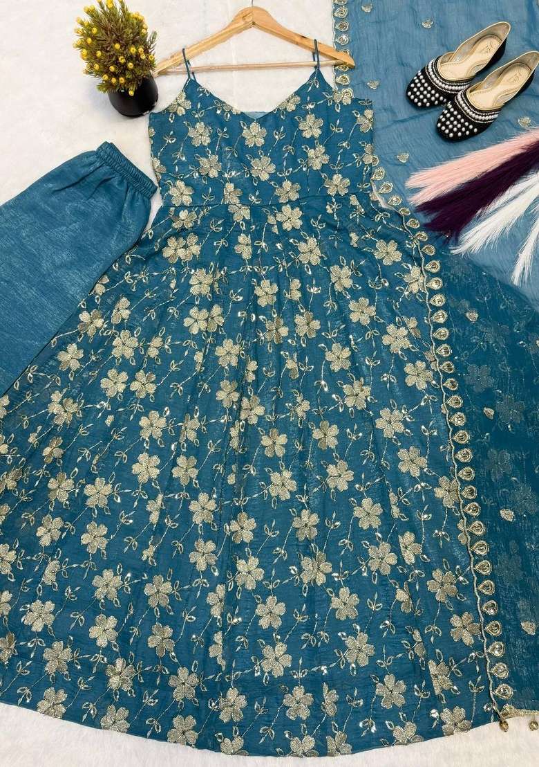 Teal Blue Embroidered Silk Sharara Set - Indya