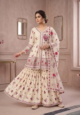 Cream Embroidered Crepe Sharara Set
