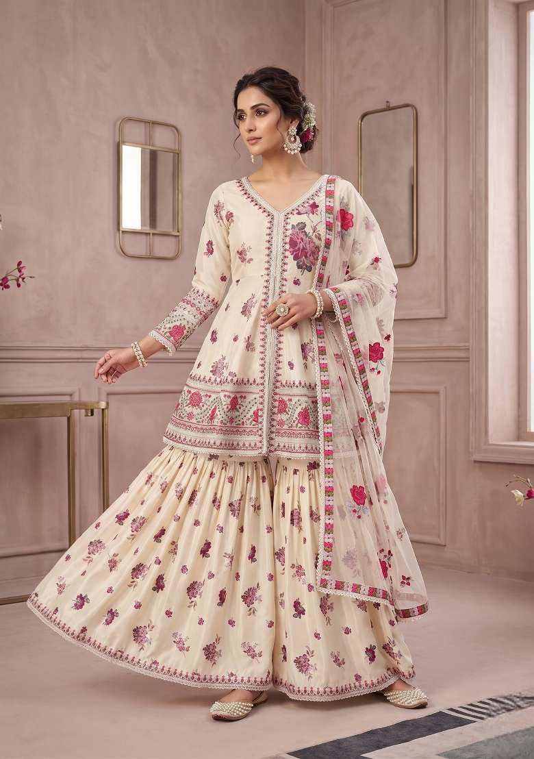 Cream Embroidered Crepe Sharara Set - Indya