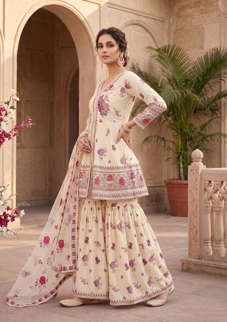 Cream Embroidered Crepe Sharara Set - Indya