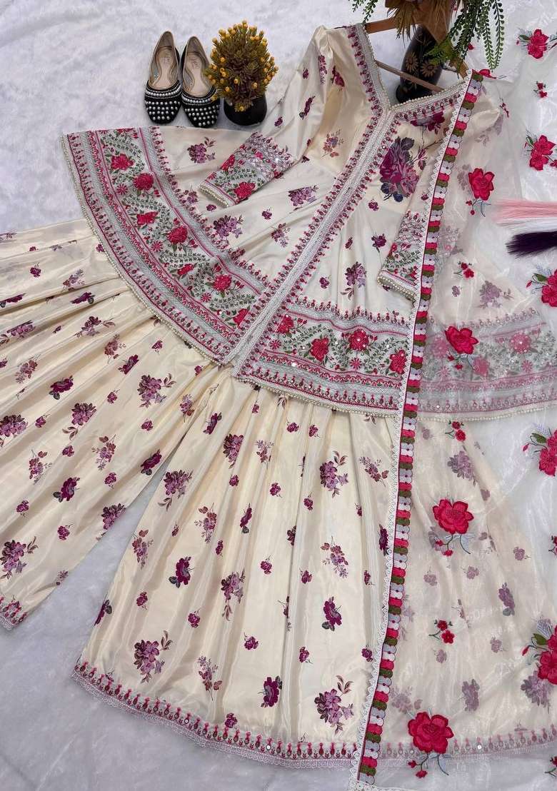 Cream Embroidered Crepe Sharara Set - Indya