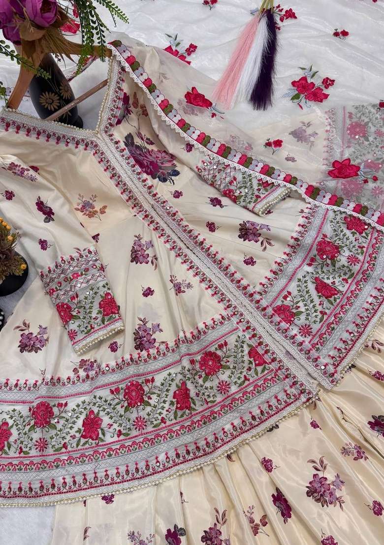 Cream Embroidered Crepe Sharara Set - Indya